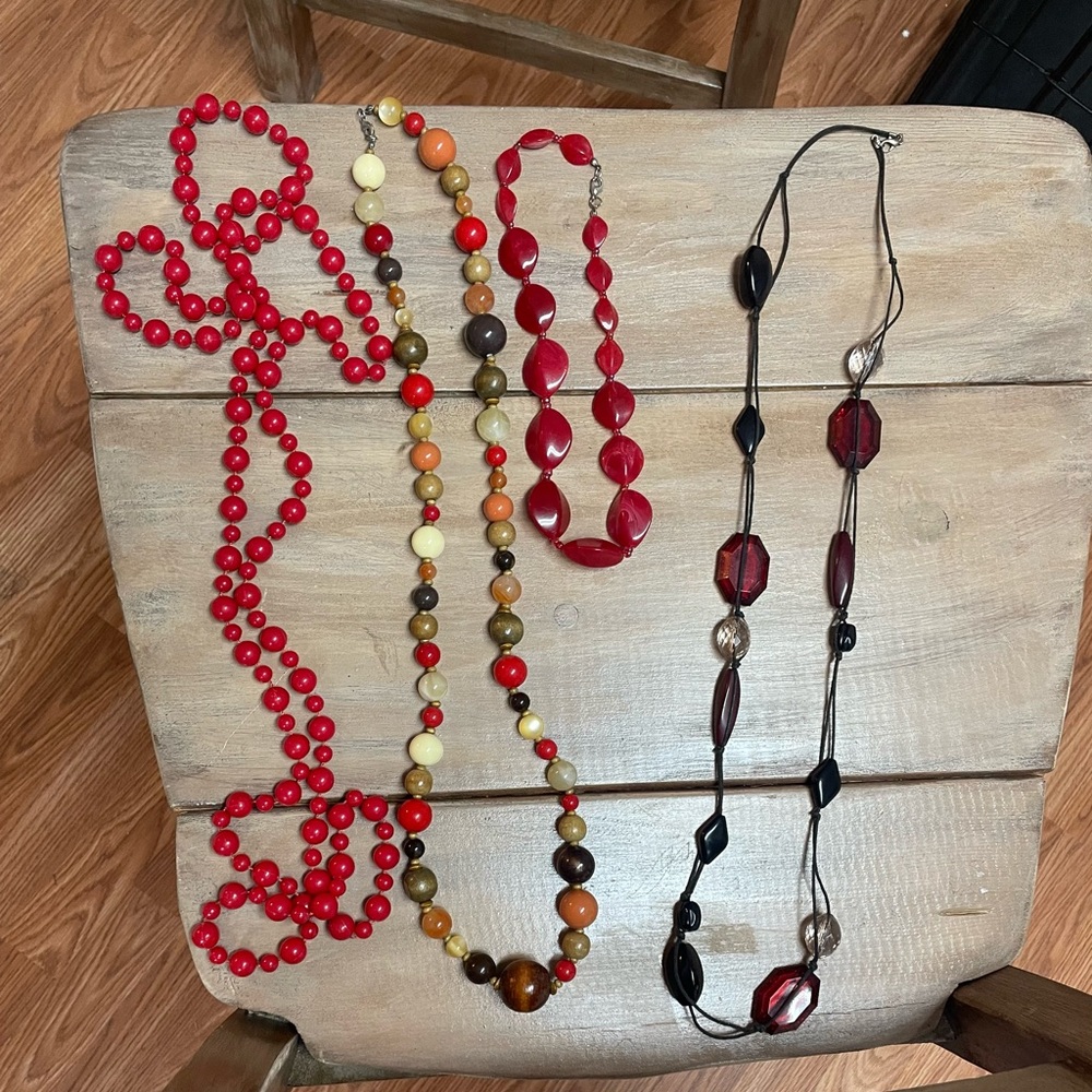 Lot of 4 Red and Mixed Color Beaded Necklaces